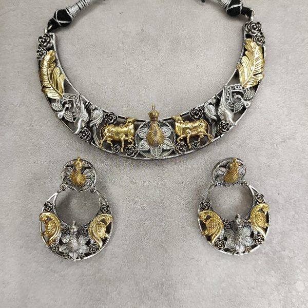 3D Peacock silver and gold dual tone necklace and earrings set